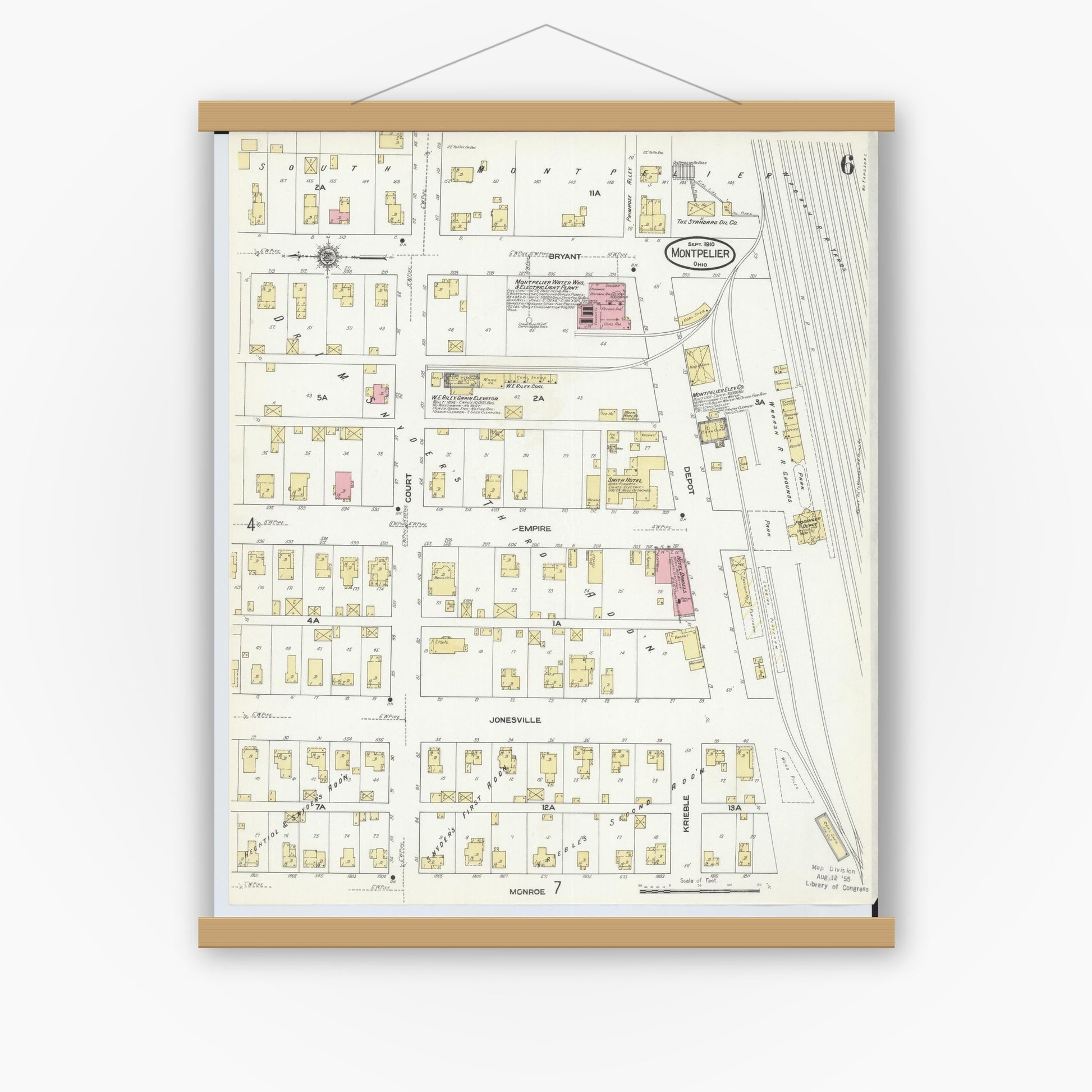 Old map wall art mockup — magnetic wood frame on white wall — Sanborn Fire Insurance Map from Montpelier, Williams County, Ohio (1910), Sheet #0006
