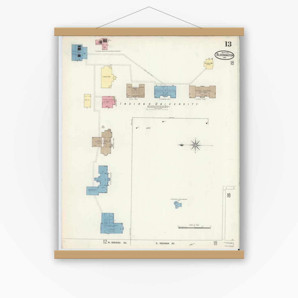 Old map wall art mockup — magnetic wood frame on white wall — Sanborn Fire Insurance Map from Bloomington, Monroe County, Indiana (1907), Sheet #0013