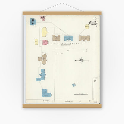 Old map wall art mockup — magnetic wood frame on white wall — Sanborn Fire Insurance Map from Bloomington, Monroe County, Indiana (1907), Sheet #0013