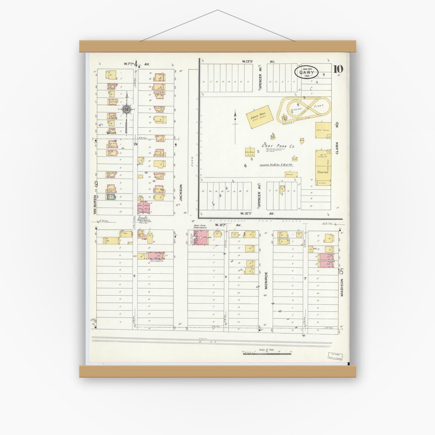 Old map wall art mockup — magnetic wood frame on white wall — Sanborn Fire Insurance Map from Gary, Lake County, Indiana (1911), Sheet #0010
