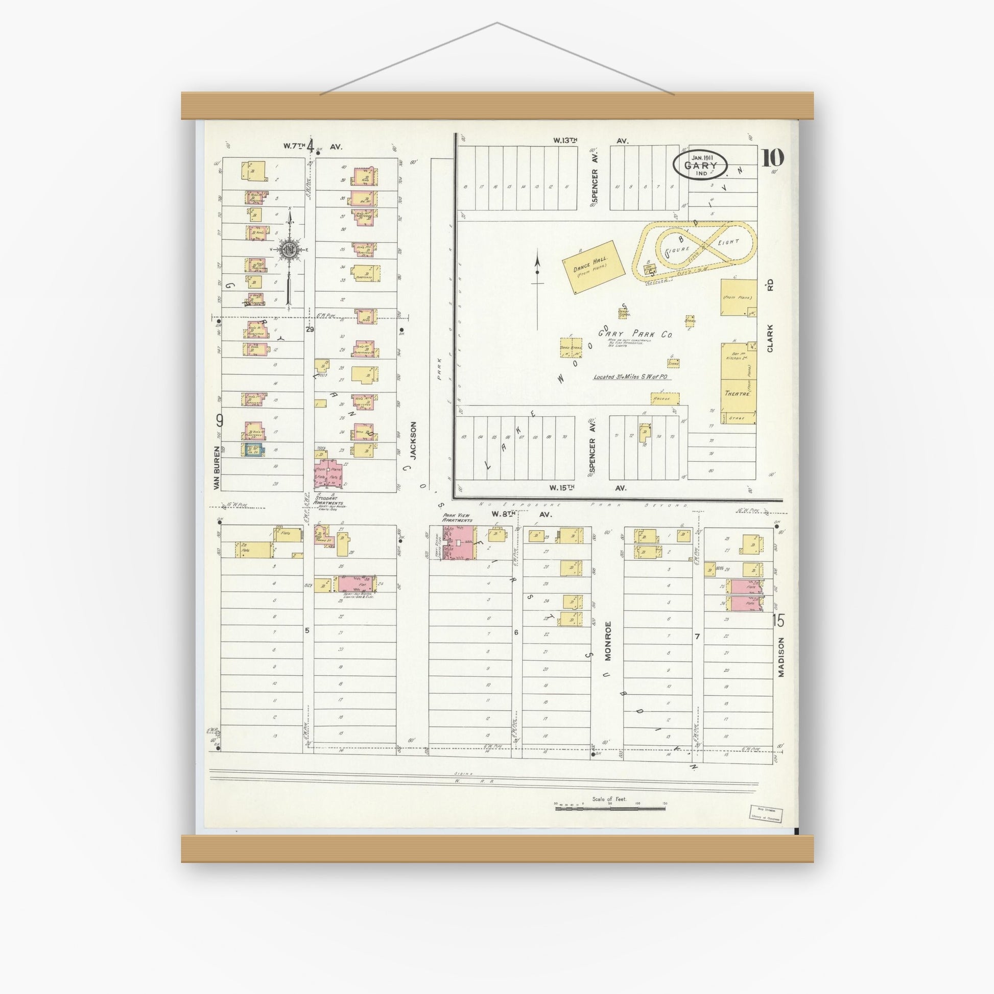 Old map wall art mockup — magnetic wood frame on white wall — Sanborn Fire Insurance Map from Gary, Lake County, Indiana (1911), Sheet #0010