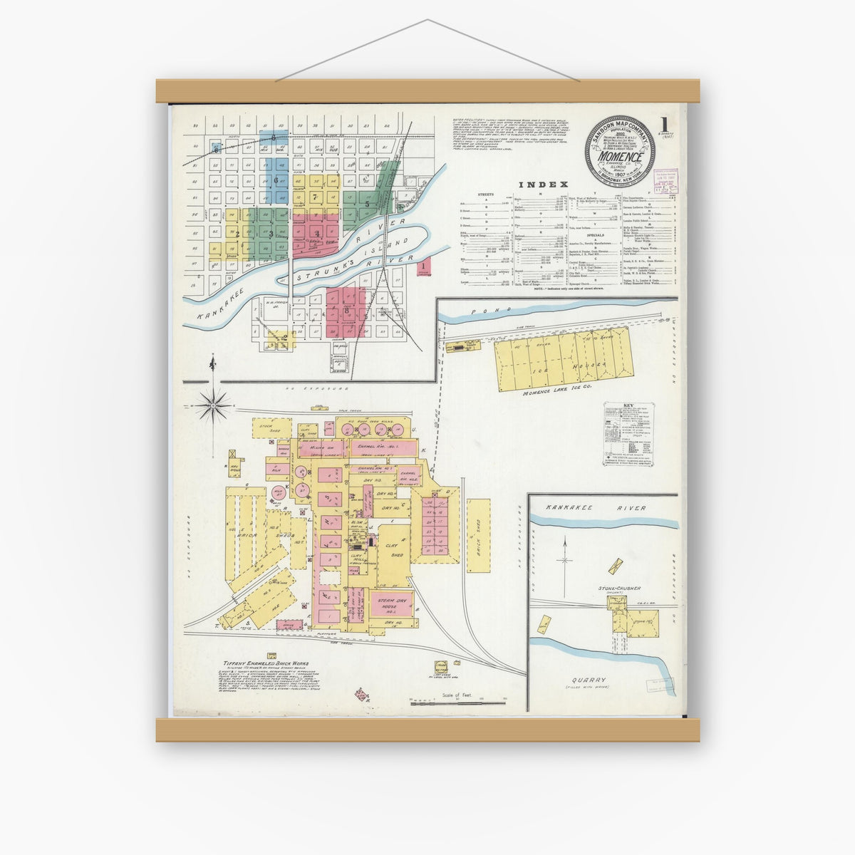 Old map wall art mockup — magnetic wood frame on white wall — Sanborn Fire Insurance Map from Momence, Kankakee County, Illinois (1907), Sheet #0001