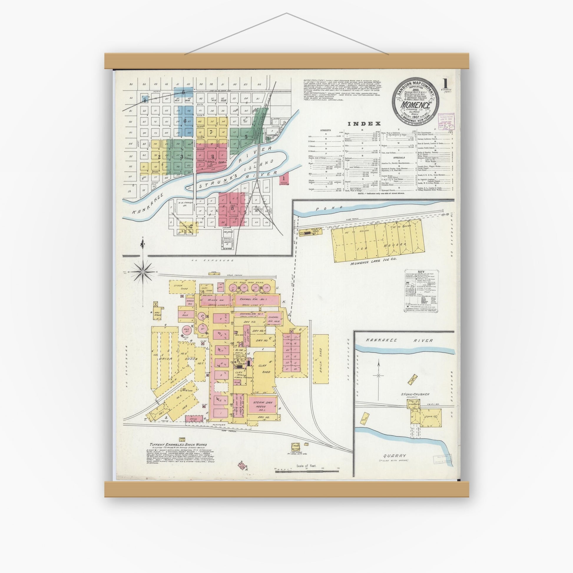 Old map wall art mockup — magnetic wood frame on white wall — Sanborn Fire Insurance Map from Momence, Kankakee County, Illinois (1907), Sheet #0001