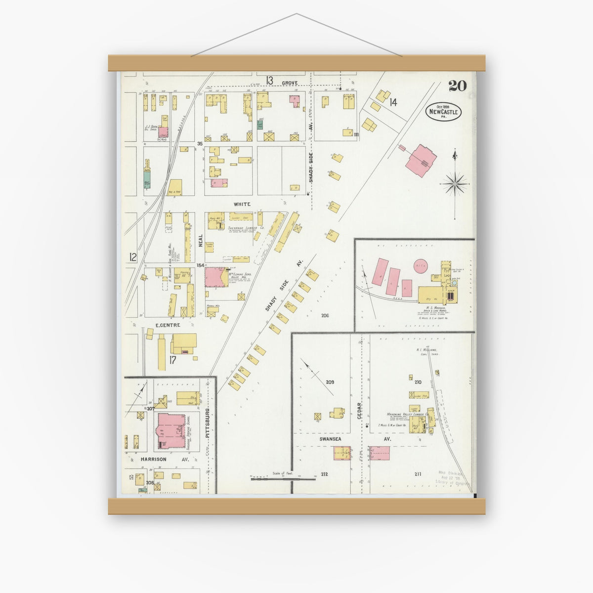Old map wall art mockup — magnetic wood frame on white wall — Sanborn Fire Insurance Map from New Castle, Lawrence County, Pennsylvania (1899), Sheet #0020