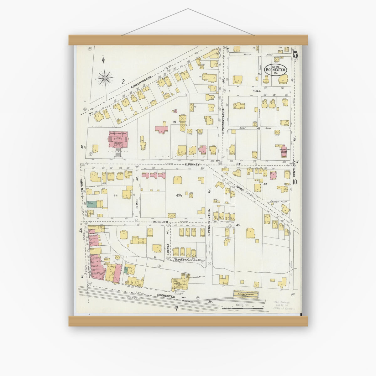 Old map wall art mockup — magnetic wood frame on white wall — Sanborn Fire Insurance Map from Rochester, Beaver County, Pennsylvania (1903), Sheet #0005