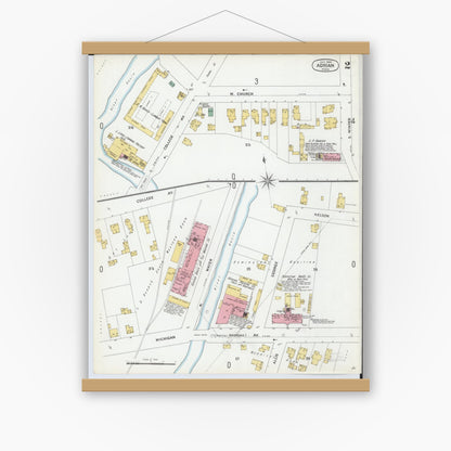 Old map wall art mockup — magnetic wood frame on white wall — Sanborn Fire Insurance Map from Adrian, Lenawee County, Michigan (1899), Sheet #0002