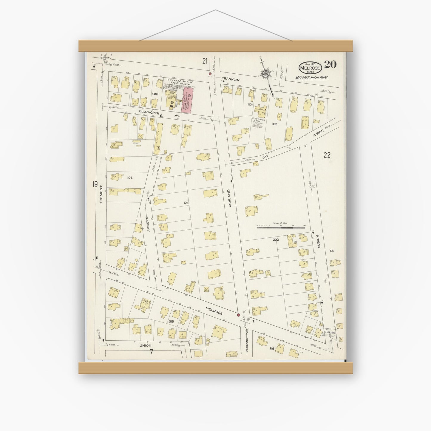 Old map wall art mockup — magnetic wood frame on white wall — Sanborn Fire Insurance Map from Melrose, Middlesex County, Massachusetts (1915), Sheet #0020