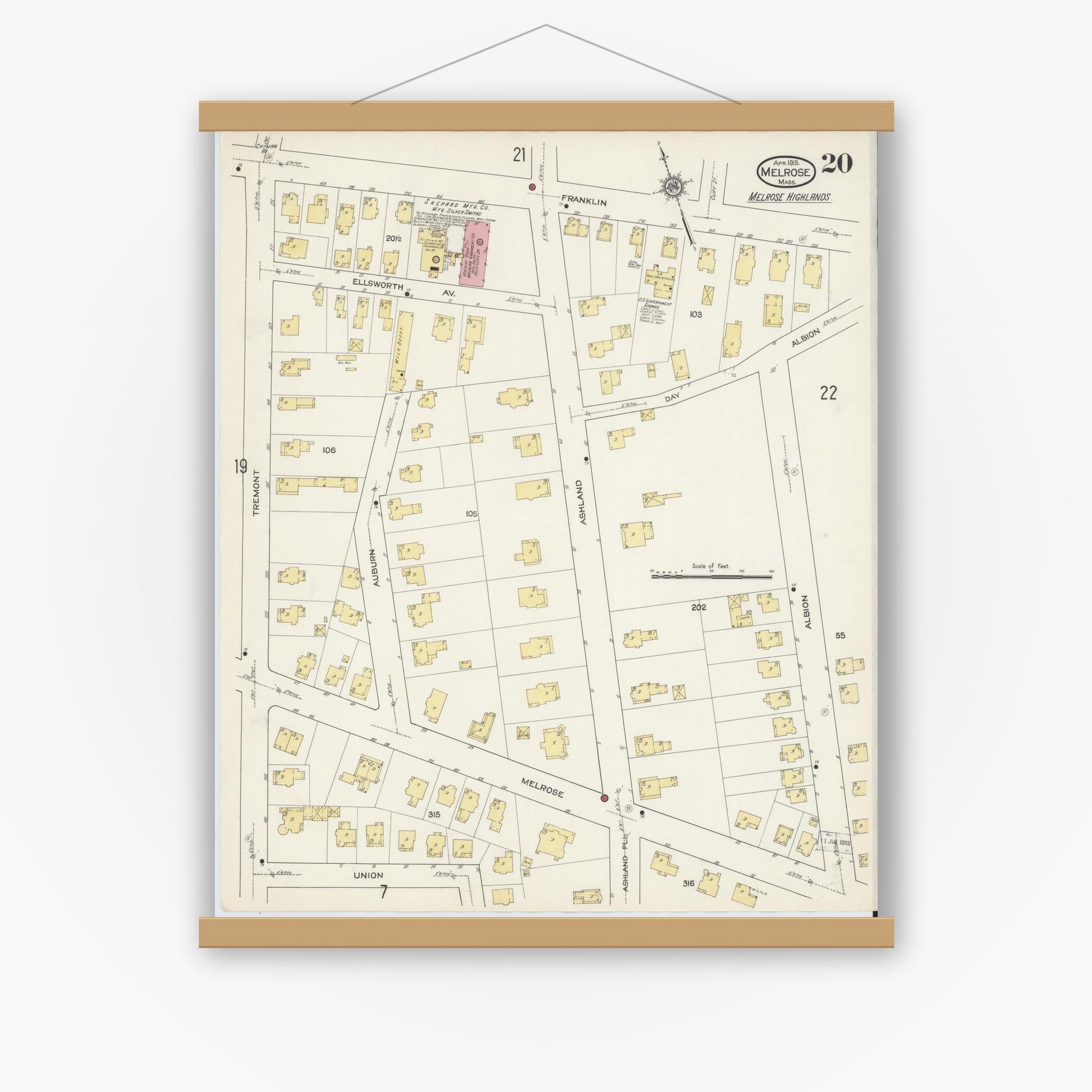 Old map wall art mockup — magnetic wood frame on white wall — Sanborn Fire Insurance Map from Melrose, Middlesex County, Massachusetts (1915), Sheet #0020
