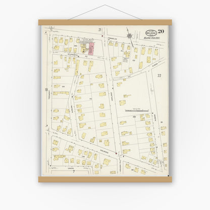 Old map wall art mockup — magnetic wood frame on white wall — Sanborn Fire Insurance Map from Melrose, Middlesex County, Massachusetts (1915), Sheet #0020