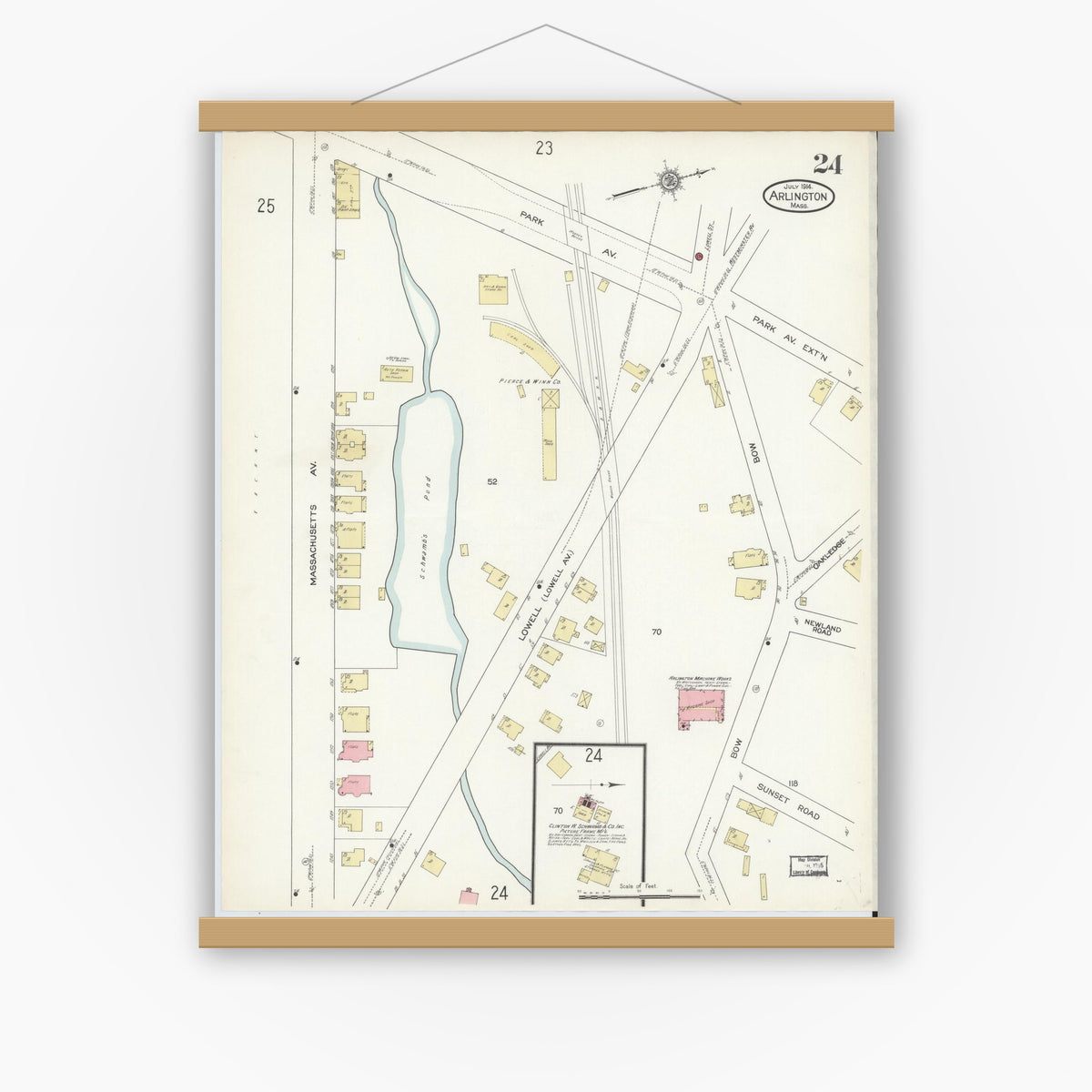 Old map wall art mockup — magnetic wood frame on white wall — Sanborn Fire Insurance Map from Arlington, Middlesex County, Massachusetts (1914), Sheet #0024