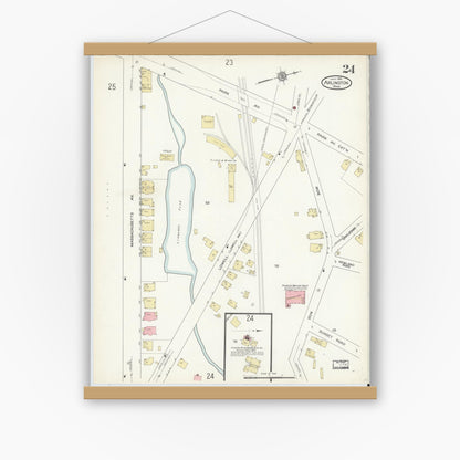 Old map wall art mockup — magnetic wood frame on white wall — Sanborn Fire Insurance Map from Arlington, Middlesex County, Massachusetts (1914), Sheet #0024
