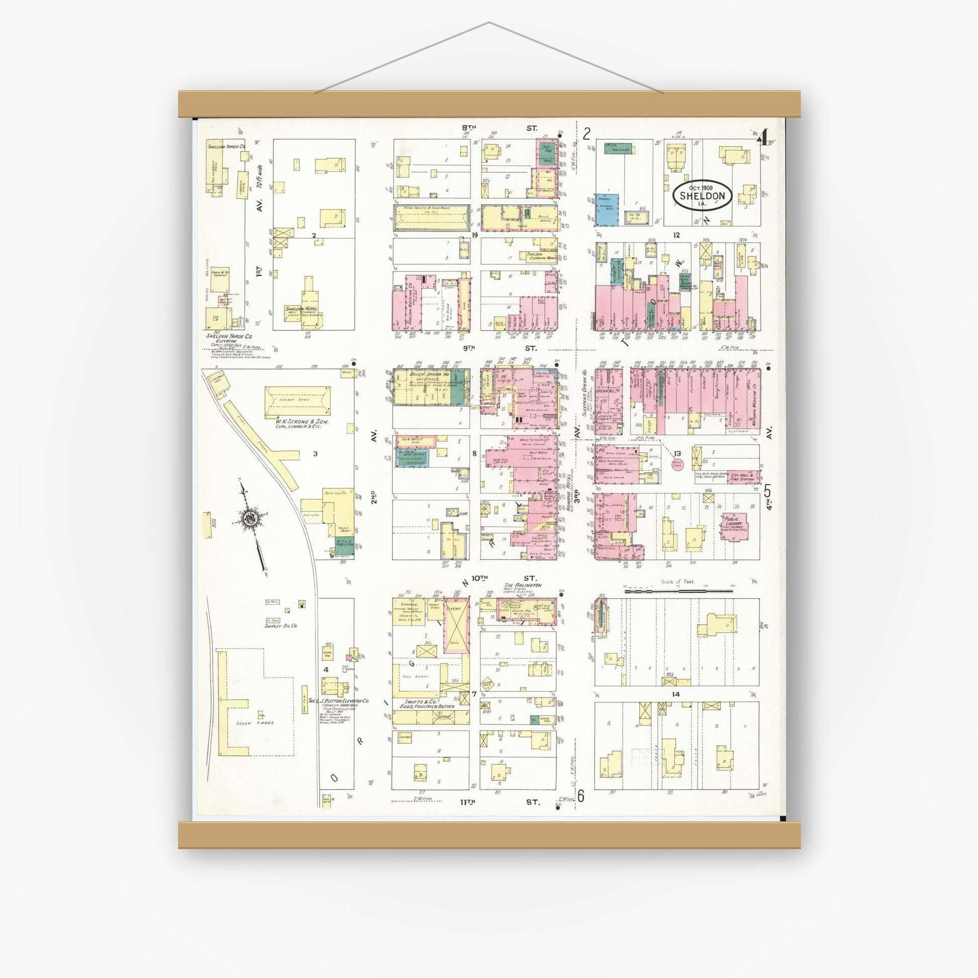Old map wall art mockup — magnetic wood frame on white wall — Sanborn Fire Insurance Map from Sheldon, O'Brien County, Iowa (1909), Sheet #0004