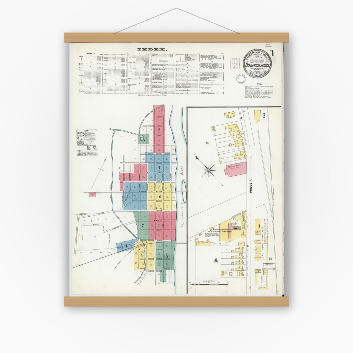 Old map wall art mockup — magnetic wood frame on white wall — Sanborn Fire Insurance Map from Fredericksburg, Independent Cities, Virginia (1902) - Complete Map Set