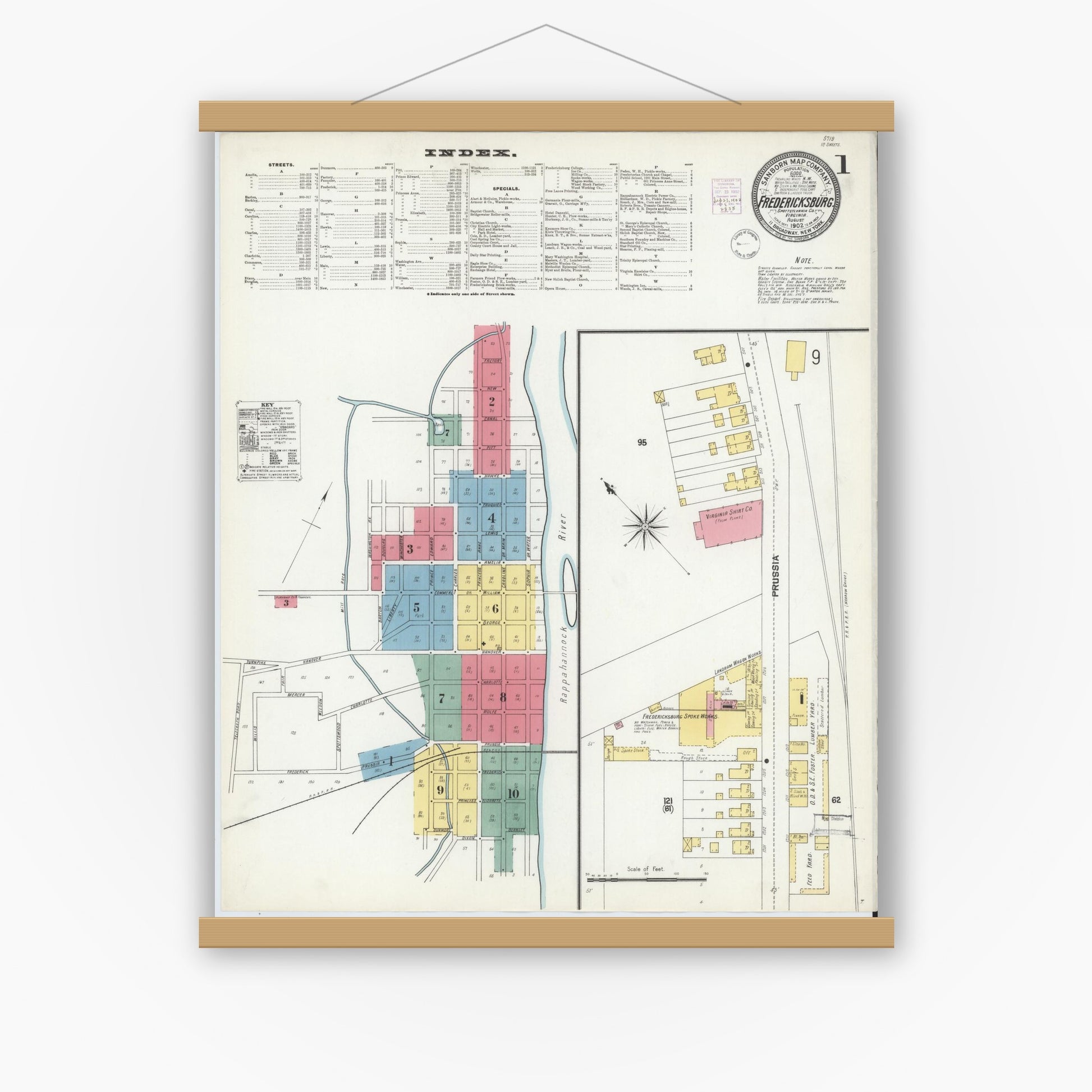 Old map wall art mockup — magnetic wood frame on white wall — Sanborn Fire Insurance Map from Fredericksburg, Independent Cities, Virginia (1902) - Complete Map Set