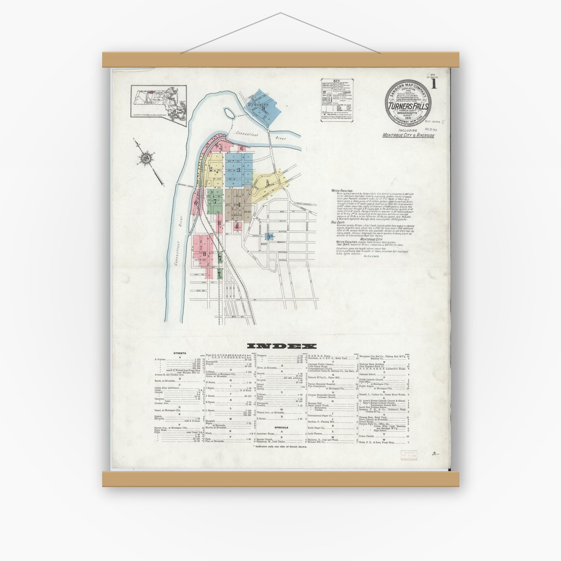 Old map wall art mockup — magnetic wood frame on white wall — Sanborn Fire Insurance Map from Turners Falls, Franklin County, Massachusetts (1914) - Complete Map Set