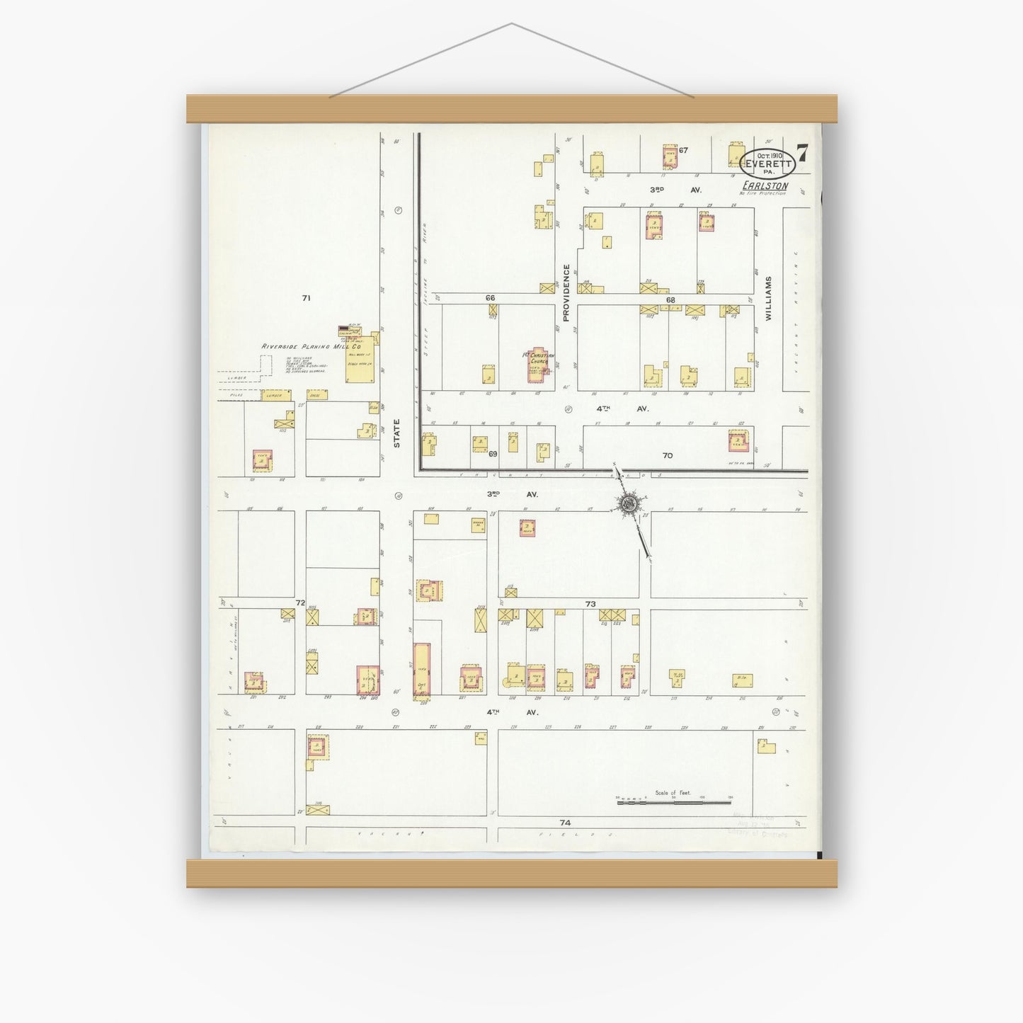 Old map wall art mockup — magnetic wood frame on white wall — Sanborn Fire Insurance Map from Everett, Bedford County, Pennsylvania (1910), Sheet #0007