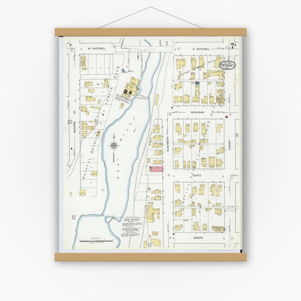 Old map wall art mockup — magnetic wood frame on white wall — Sanborn Fire Insurance Map from Petoskey, Emmet County, Michigan (1919), Sheet #0007