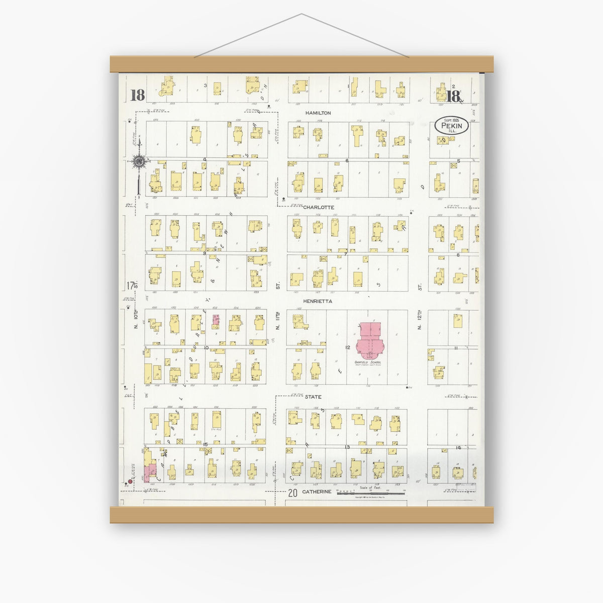 Old map wall art mockup — magnetic wood frame on white wall — Sanborn Fire Insurance Map from Pekin, Tazewell County, Illinois (1925), Sheet #0018