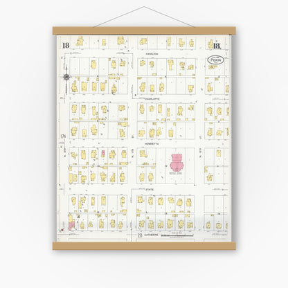 Old map wall art mockup — magnetic wood frame on white wall — Sanborn Fire Insurance Map from Pekin, Tazewell County, Illinois (1925), Sheet #0018
