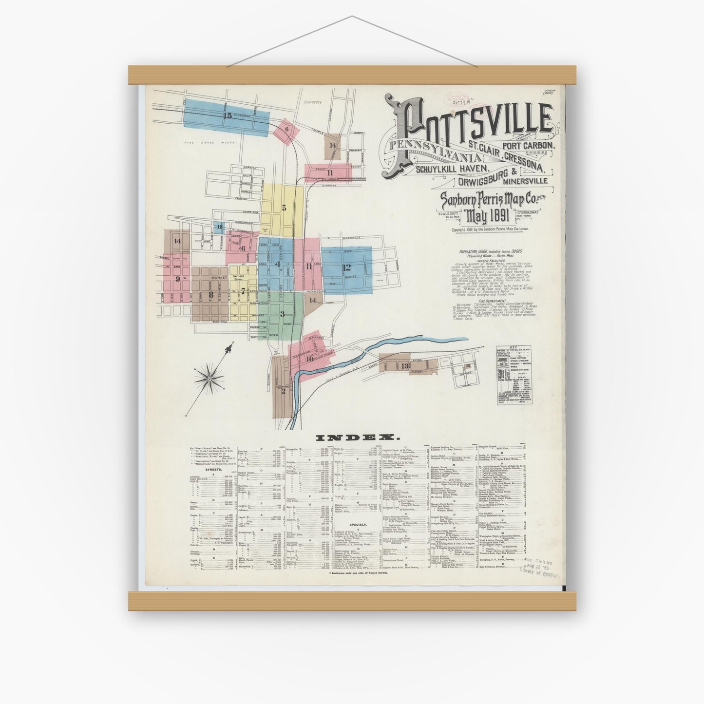 Old map wall art mockup — magnetic wood frame on white wall — Sanborn Fire Insurance Map from Pottsville, Schuylkill County, Pennsylvania (1891) - Complete Map Set