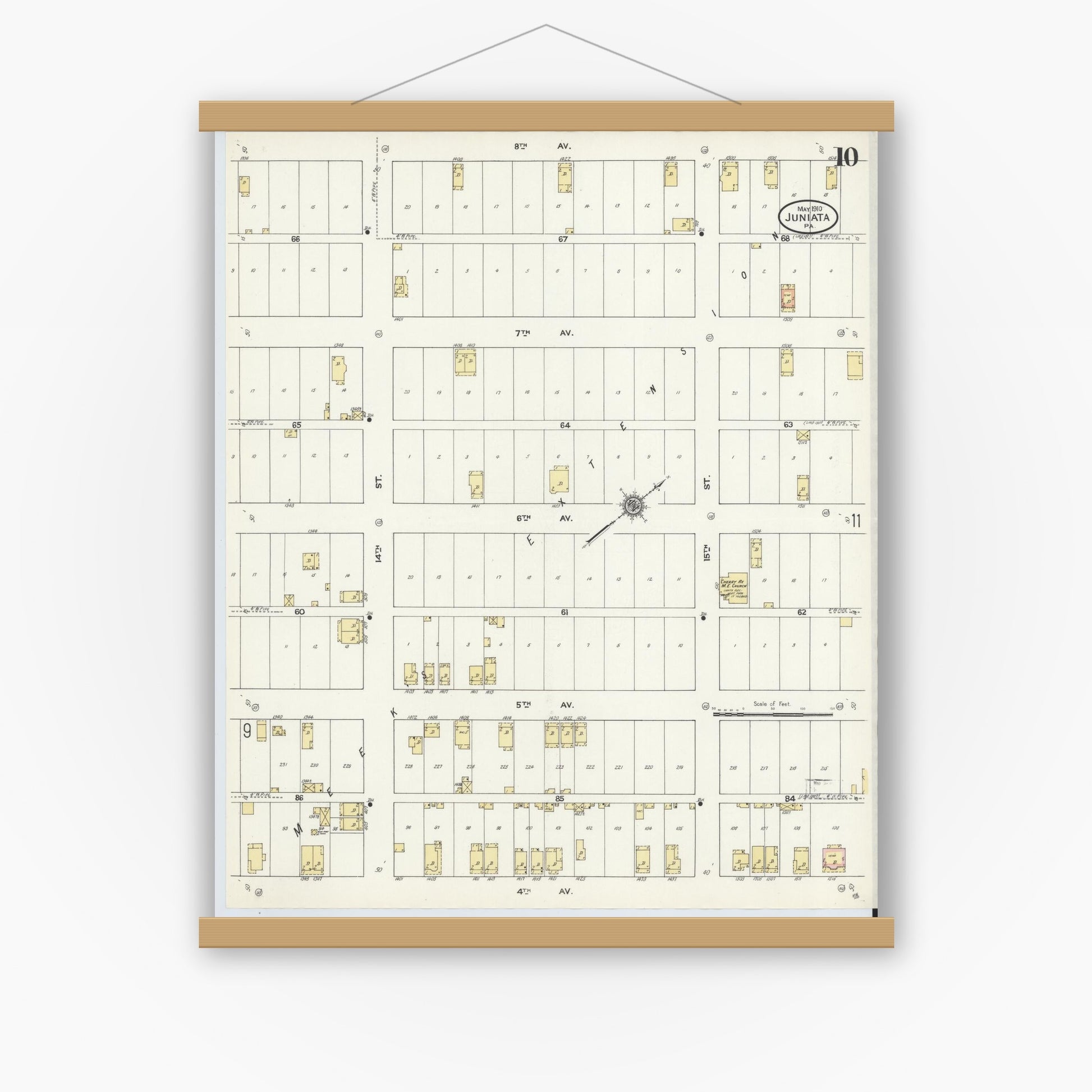 Old map wall art mockup — magnetic wood frame on white wall — Sanborn Fire Insurance Map from Juniata, Blair County, Pennsylvania (1910), Sheet #0010