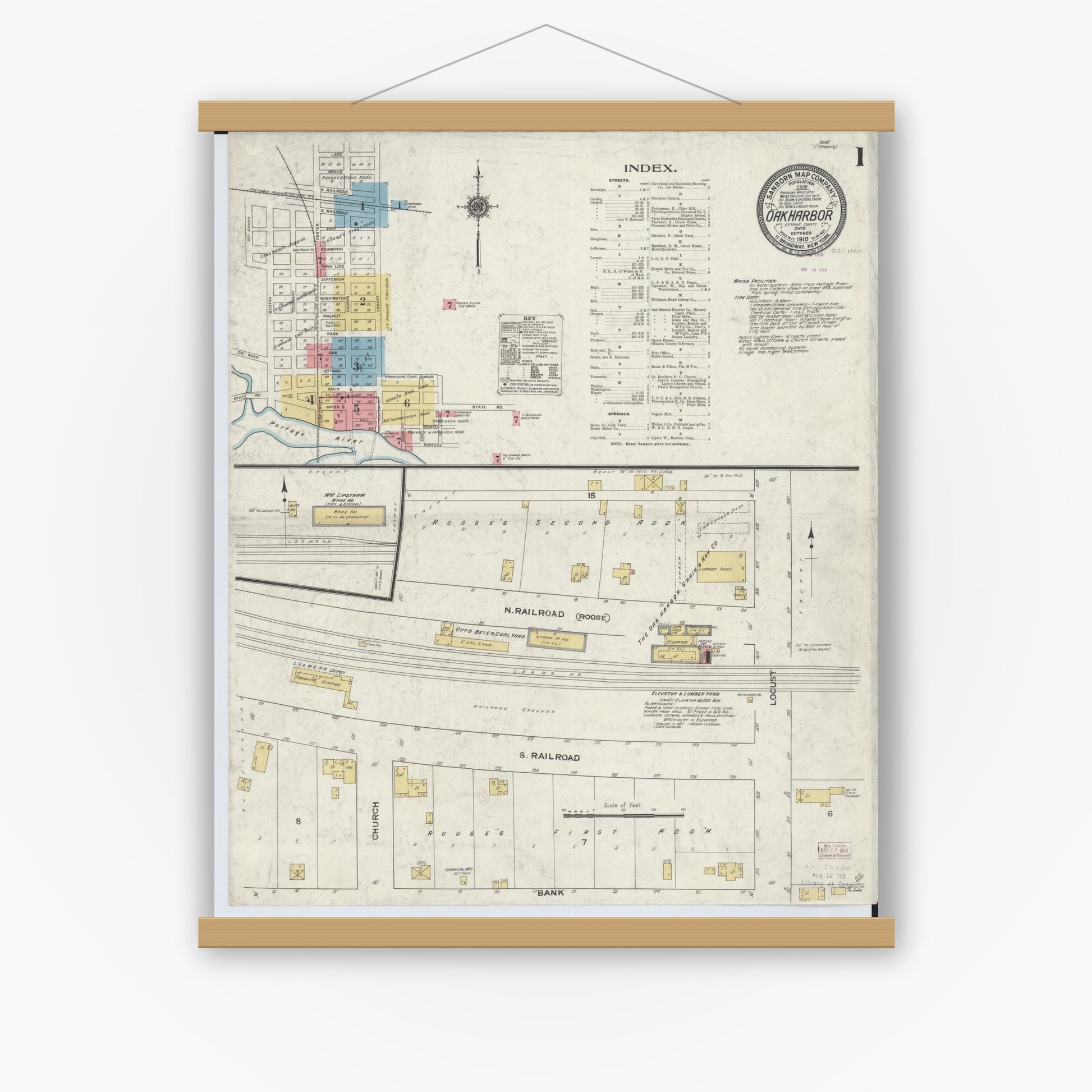 Old map wall art mockup — magnetic wood frame on white wall — Sanborn Fire Insurance Map from Oak Harbor, Ottawa County, Ohio (1910) - Complete Map Set