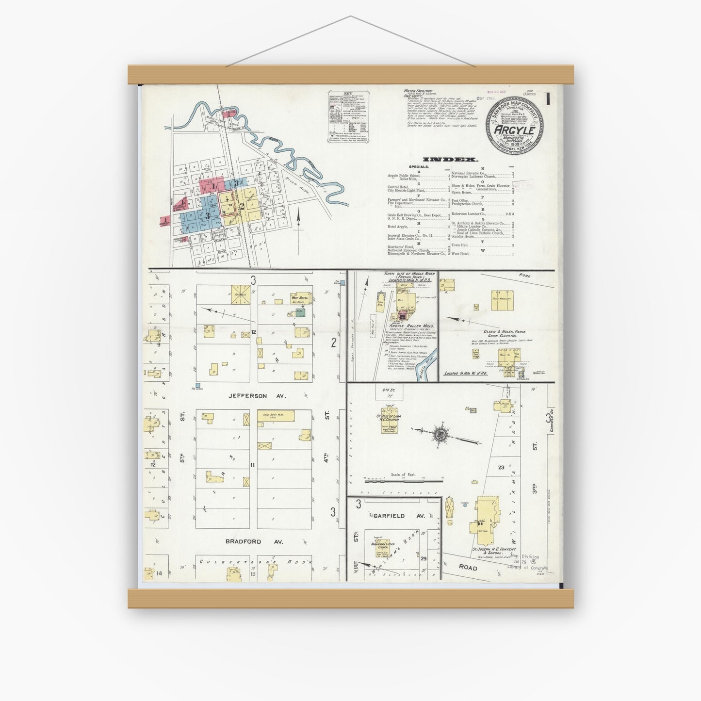 Old map wall art mockup — magnetic wood frame on white wall — Sanborn Fire Insurance Map from Argyle, Marshall County, Minnesota (1909), Sheet #0001