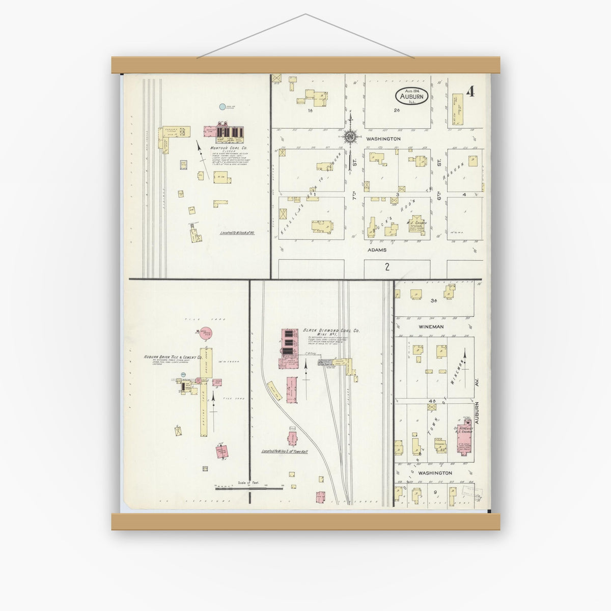 Old map wall art mockup — magnetic wood frame on white wall — Sanborn Fire Insurance Map from Auburn, Sangamon County, Illinois (1914), Sheet #0004