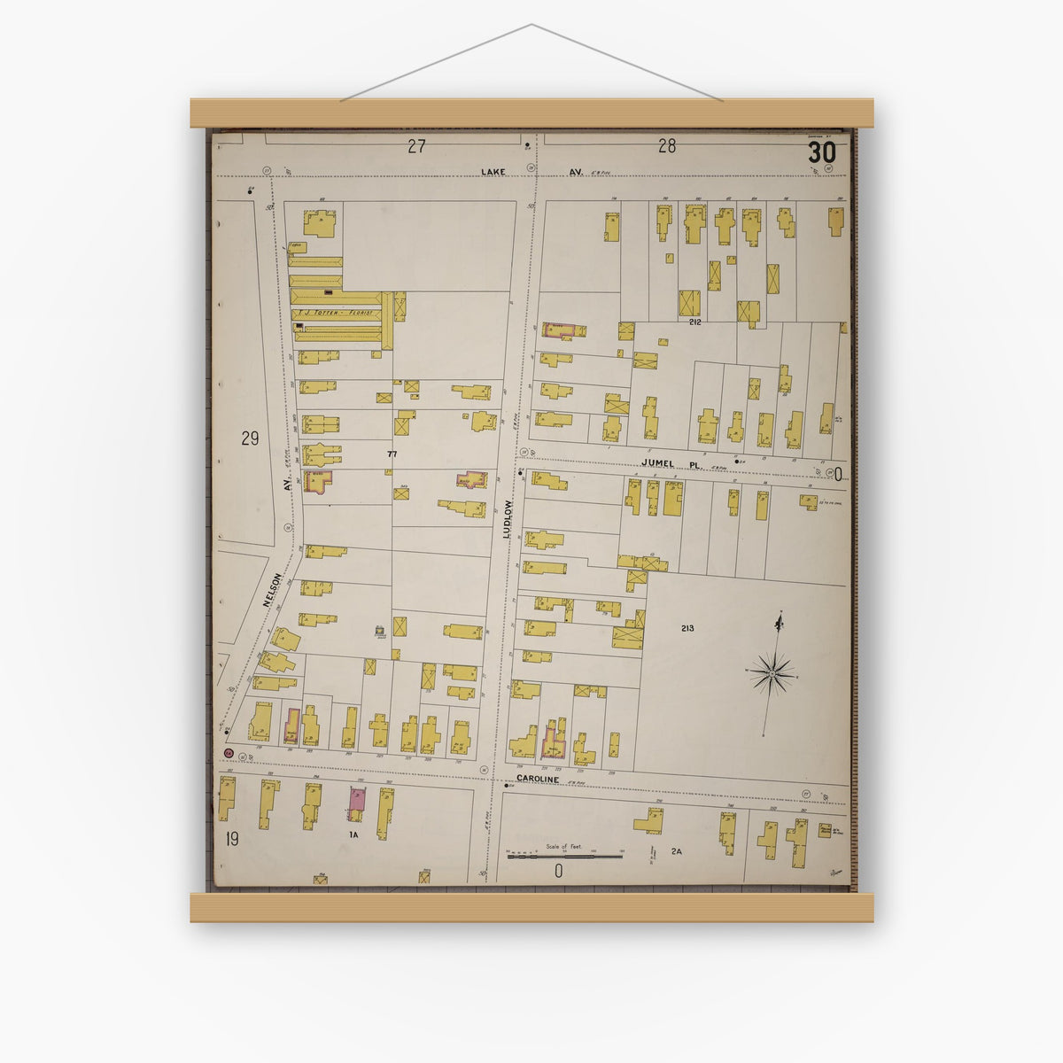 Old map wall art mockup — magnetic wood frame on white wall — Sanborn Fire Insurance Map from Saratoga, Saratoga County, New York (1900), Sheet #0030