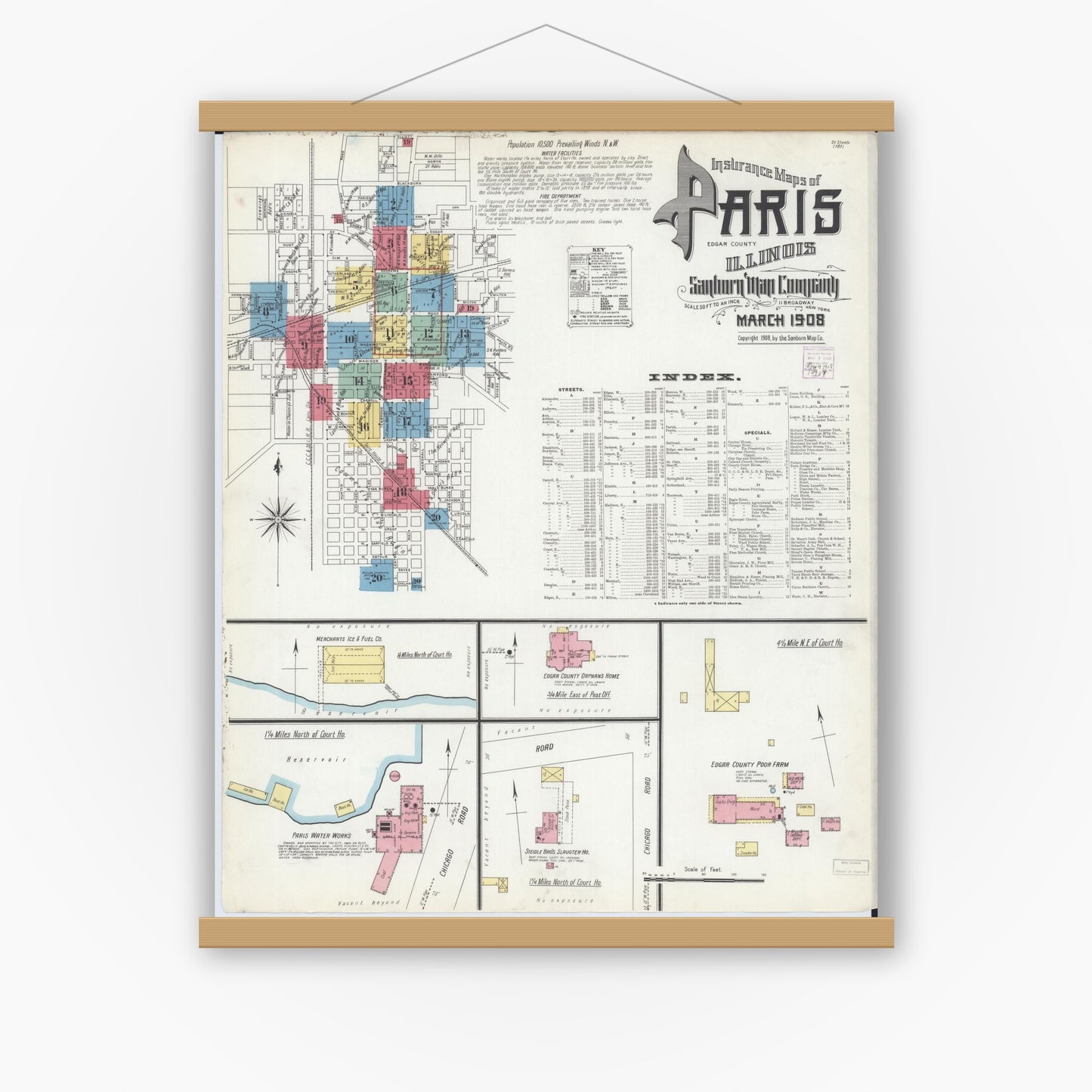 Old map wall art mockup — magnetic wood frame on white wall — Sanborn Fire Insurance Map from Paris, Edgar County, Illinois (1908), Sheet #0001