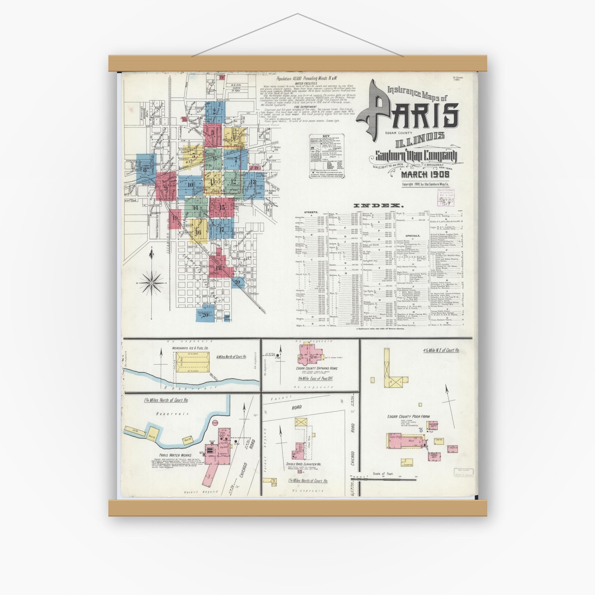 Old map wall art mockup — magnetic wood frame on white wall — Sanborn Fire Insurance Map from Paris, Edgar County, Illinois (1908), Sheet #0001
