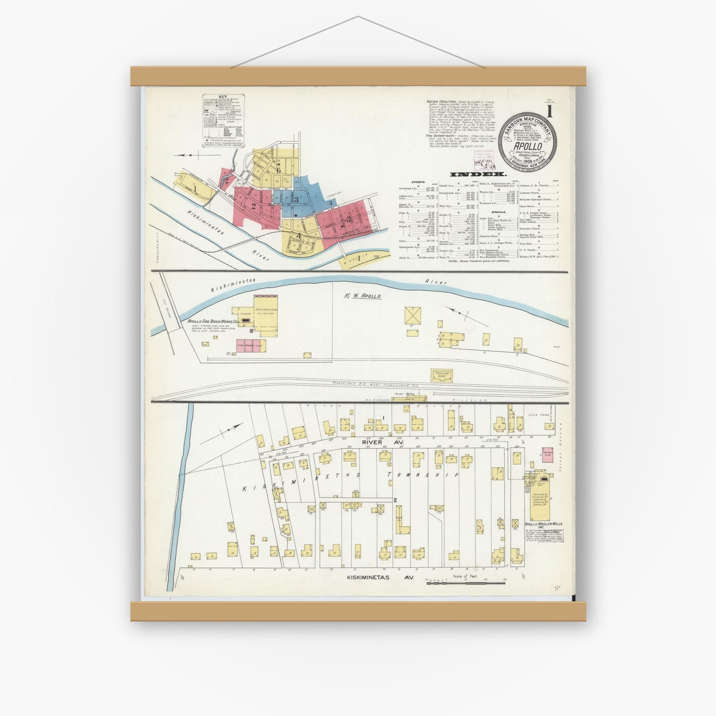 Old map wall art mockup — magnetic wood frame on white wall — Sanborn Fire Insurance Map from Apollo, Armstrong County, Pennsylvania (1909), Sheet #0001