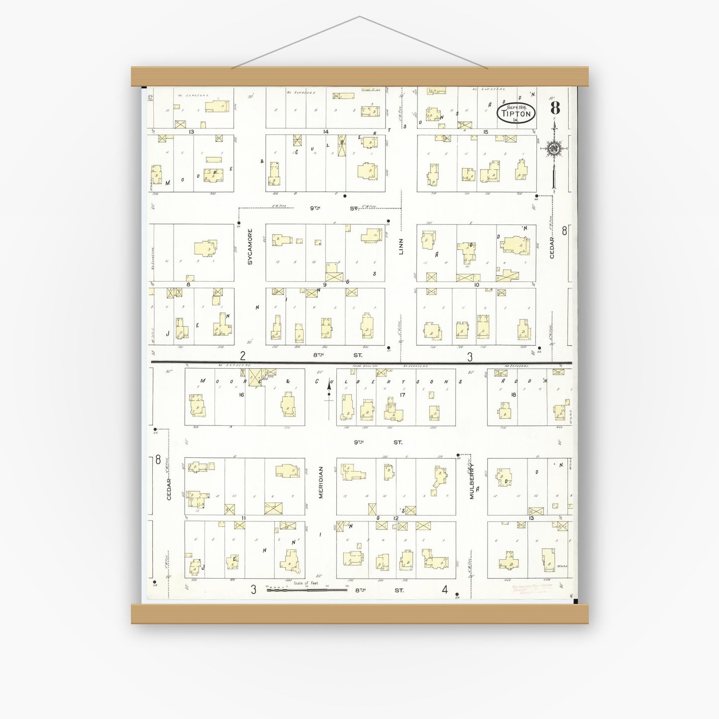 Old map wall art mockup — magnetic wood frame on white wall — Sanborn Fire Insurance Map from Tipton, Cedar County, Iowa (1914), Sheet #0008
