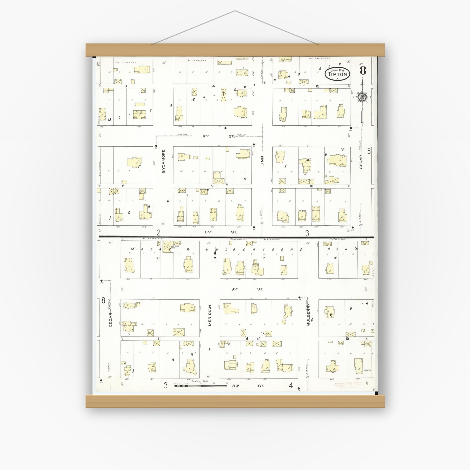 Old map wall art mockup — magnetic wood frame on white wall — Sanborn Fire Insurance Map from Tipton, Cedar County, Iowa (1914), Sheet #0008