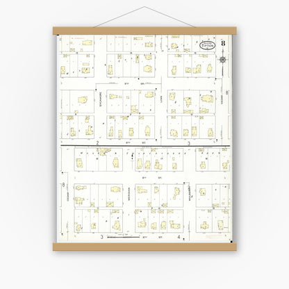 Old map wall art mockup — magnetic wood frame on white wall — Sanborn Fire Insurance Map from Tipton, Cedar County, Iowa (1914), Sheet #0008