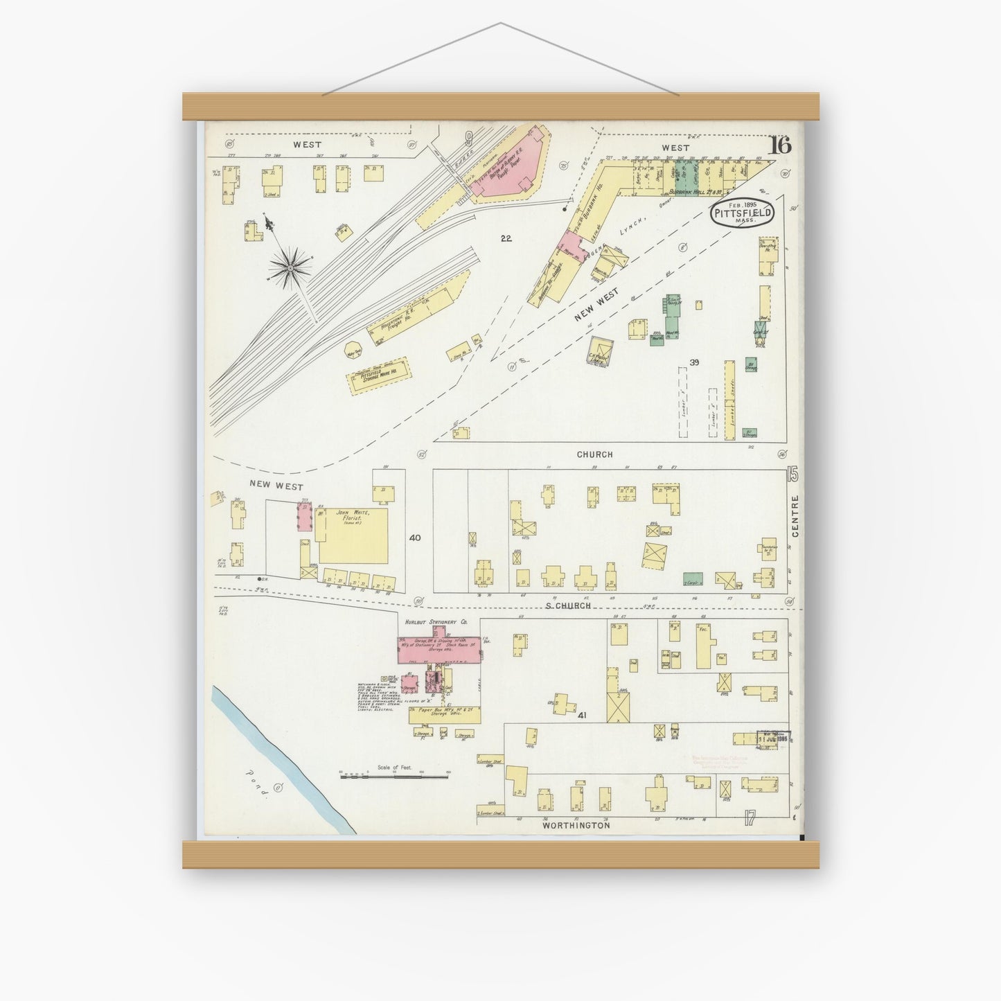 Old map wall art mockup — magnetic wood frame on white wall — Sanborn Fire Insurance Map from Pittsfield, Berkshire County, Massachusetts (1895), Sheet #0016