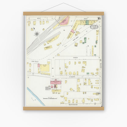 Old map wall art mockup — magnetic wood frame on white wall — Sanborn Fire Insurance Map from Pittsfield, Berkshire County, Massachusetts (1895), Sheet #0016