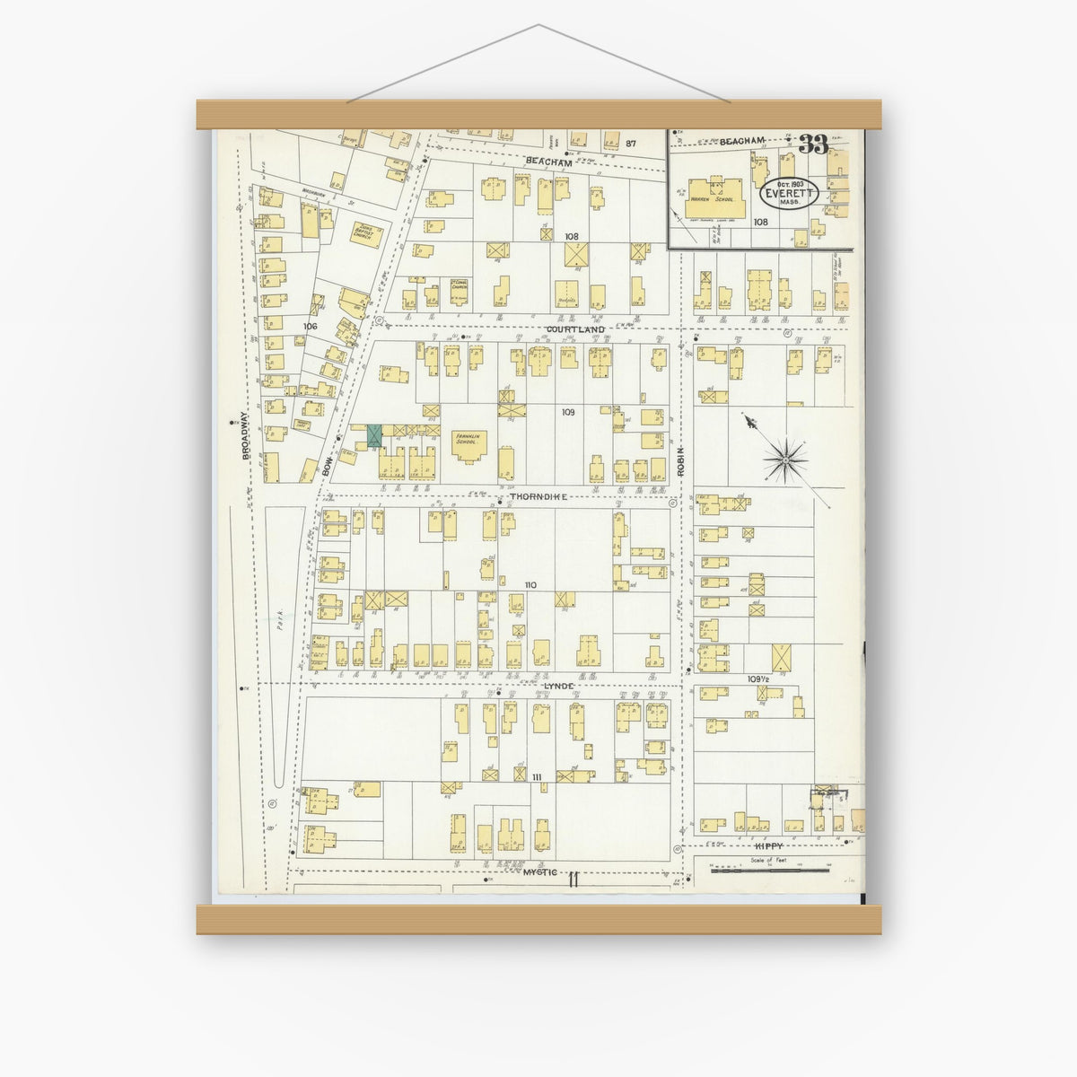 Old map wall art mockup — magnetic wood frame on white wall — Sanborn Fire Insurance Map from Everett, Middlesex County, Massachusetts (1903), Sheet #0033