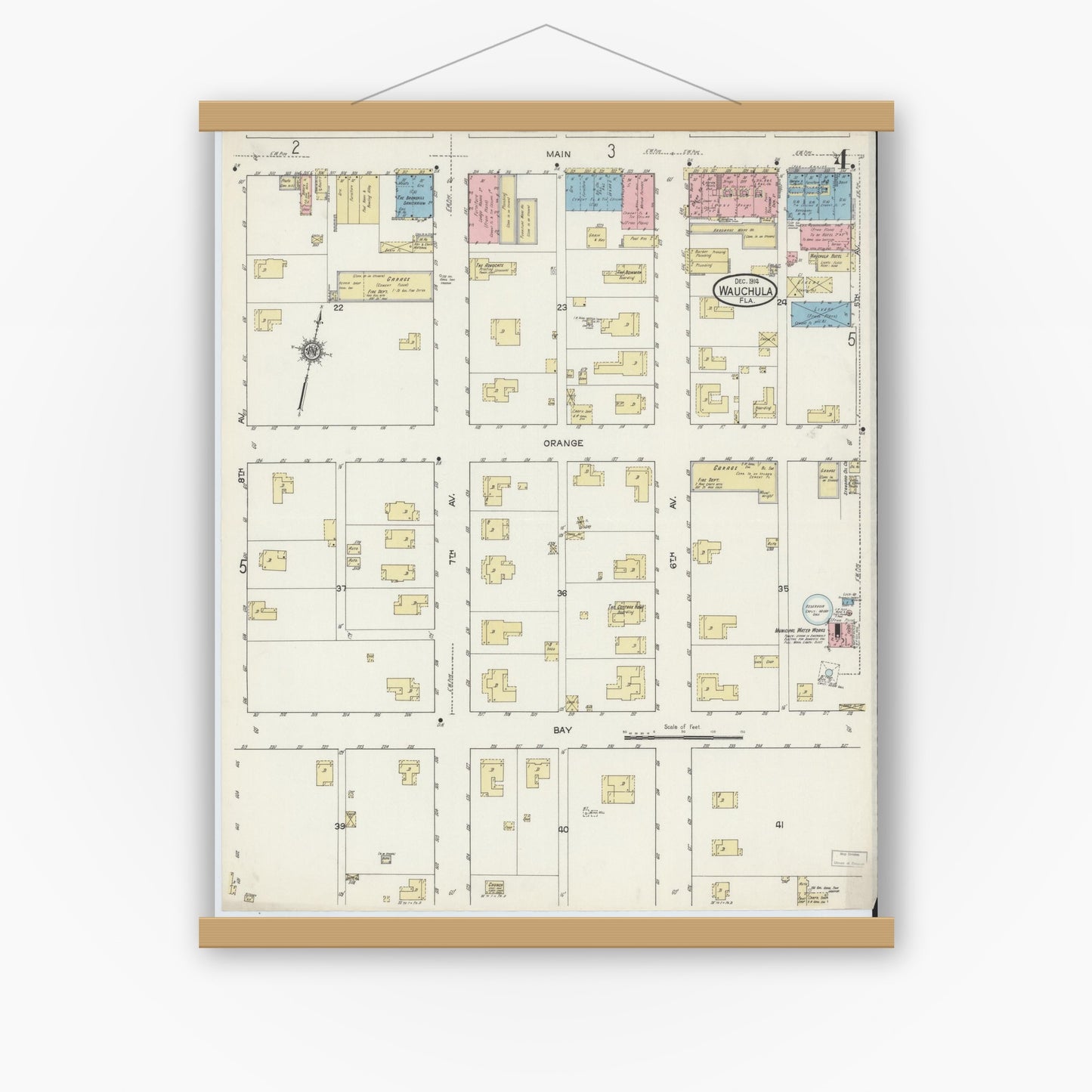 Old map wall art mockup — magnetic wood frame on white wall — Sanborn Fire Insurance Map from Wauchula, Hardee County, Florida (1914), Sheet #0004