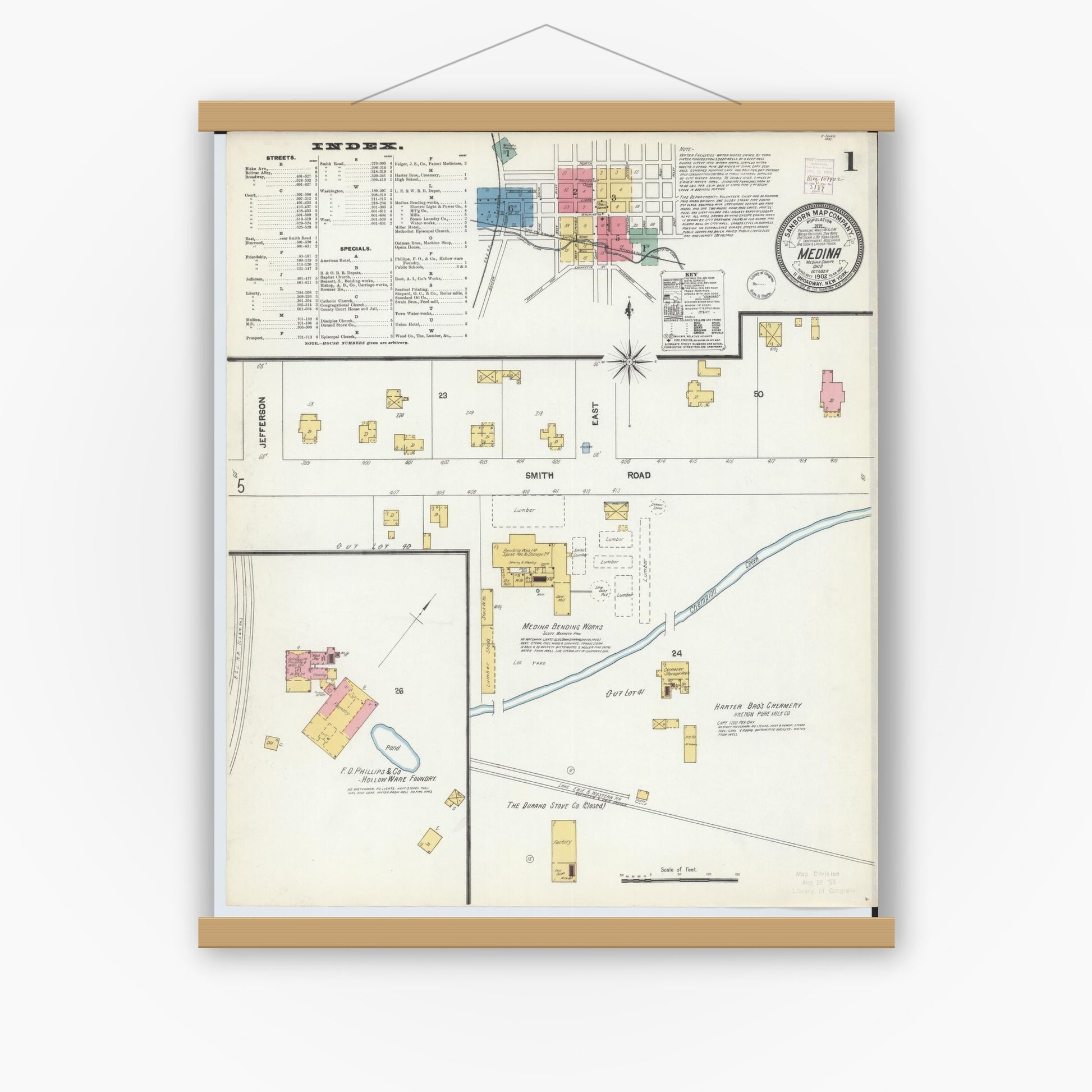 Old map wall art mockup — magnetic wood frame on white wall — Sanborn Fire Insurance Map from Medina, Medina County, Ohio (1902), Sheet #0001