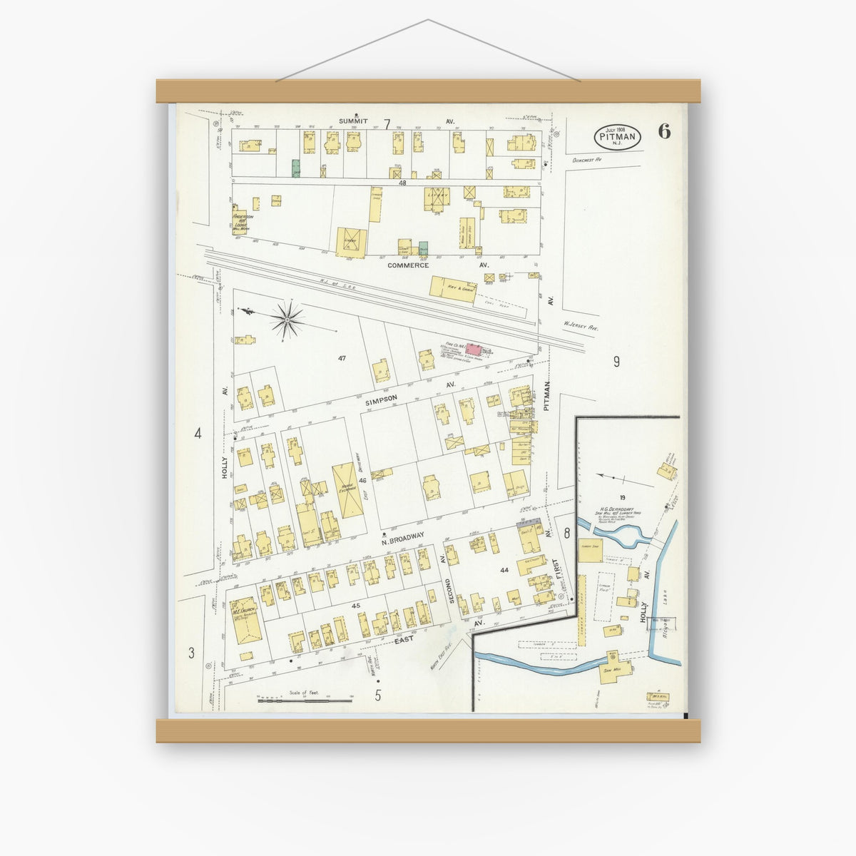 Old map wall art mockup — magnetic wood frame on white wall — Sanborn Fire Insurance Map from Pitman, Gloucester County, New Jersey (1908), Sheet #0006