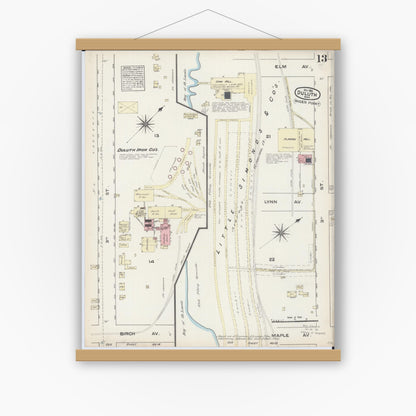 Old map wall art mockup — magnetic wood frame on white wall — Sanborn Fire Insurance Map from Duluth, Saint Louis County, Minnesota (1884), Sheet #0013