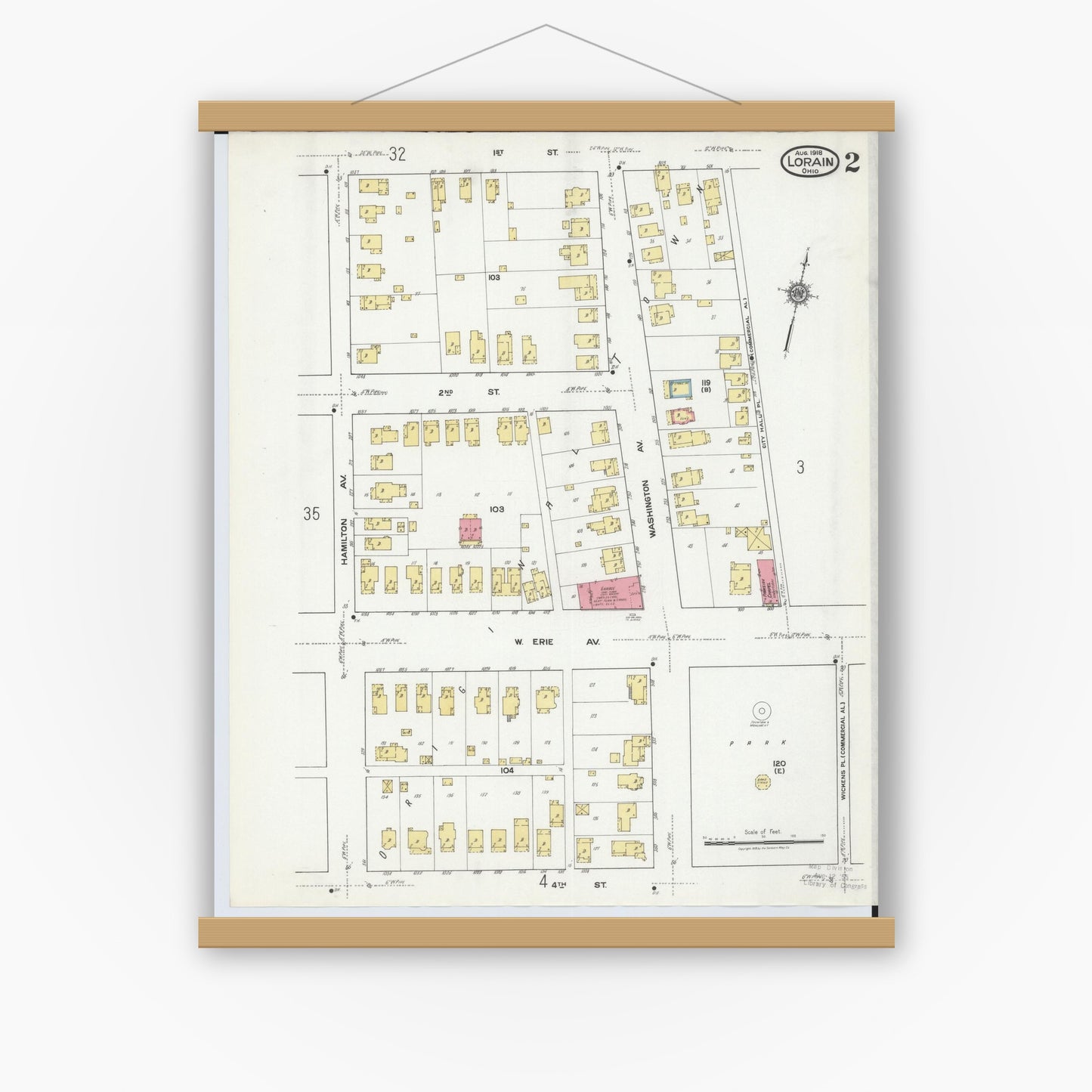 Old map wall art mockup — magnetic wood frame on white wall — Sanborn Fire Insurance Map from Lorain, Lorain County, Ohio (1918), Sheet #0002