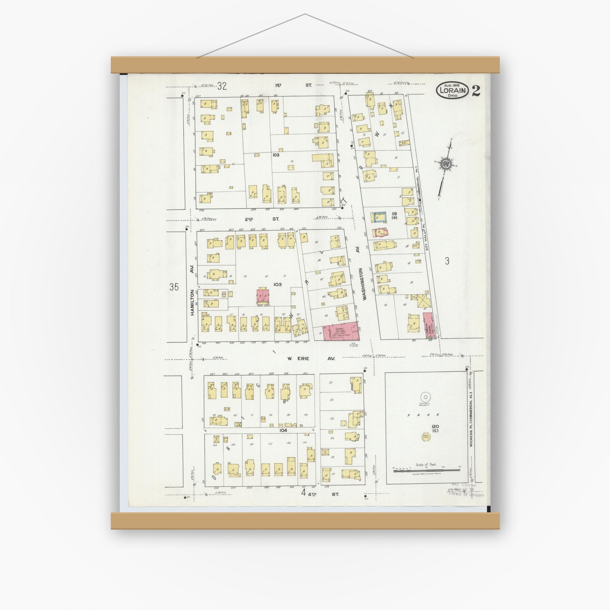 Old map wall art mockup — magnetic wood frame on white wall — Sanborn Fire Insurance Map from Lorain, Lorain County, Ohio (1918), Sheet #0002