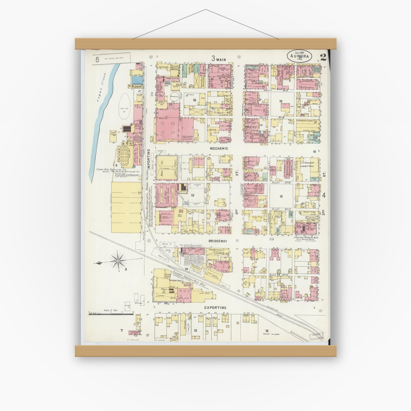 Old map wall art mockup — magnetic wood frame on white wall — Sanborn Fire Insurance Map from Aurora, Dearborn County, Indiana (1897), Sheet #0002