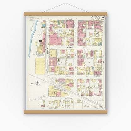 Old map wall art mockup — magnetic wood frame on white wall — Sanborn Fire Insurance Map from Aurora, Dearborn County, Indiana (1897), Sheet #0002