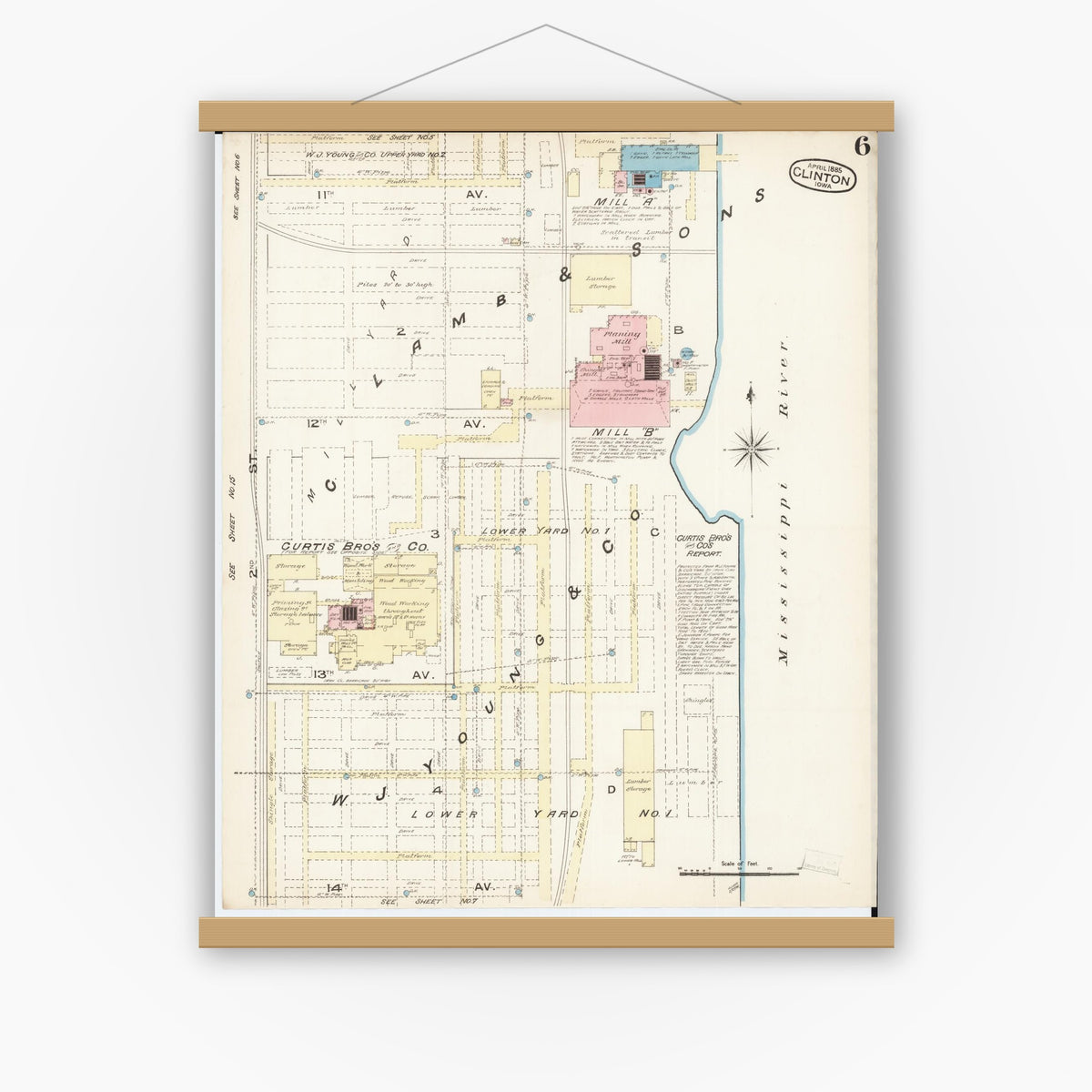 Old map wall art mockup — magnetic wood frame on white wall — Sanborn Fire Insurance Map from Clinton, Clinton County, Iowa (1885), Sheet #0006