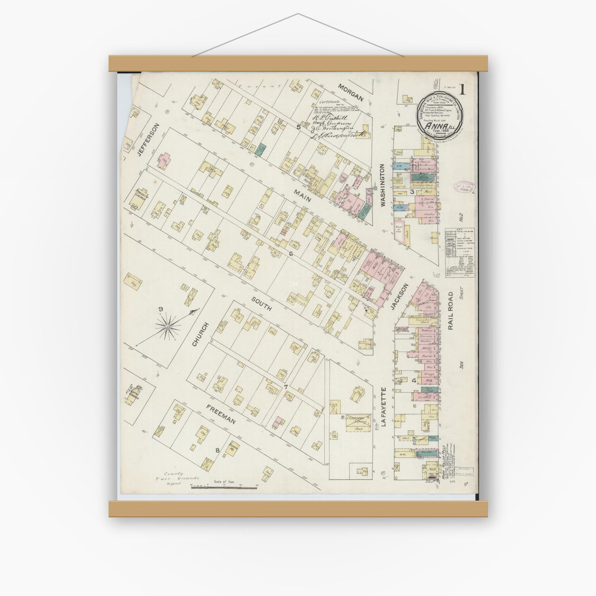 Old map wall art mockup — magnetic wood frame on white wall — Sanborn Fire Insurance Map from Anna, Union County, Illinois (1888) - Complete Map Set