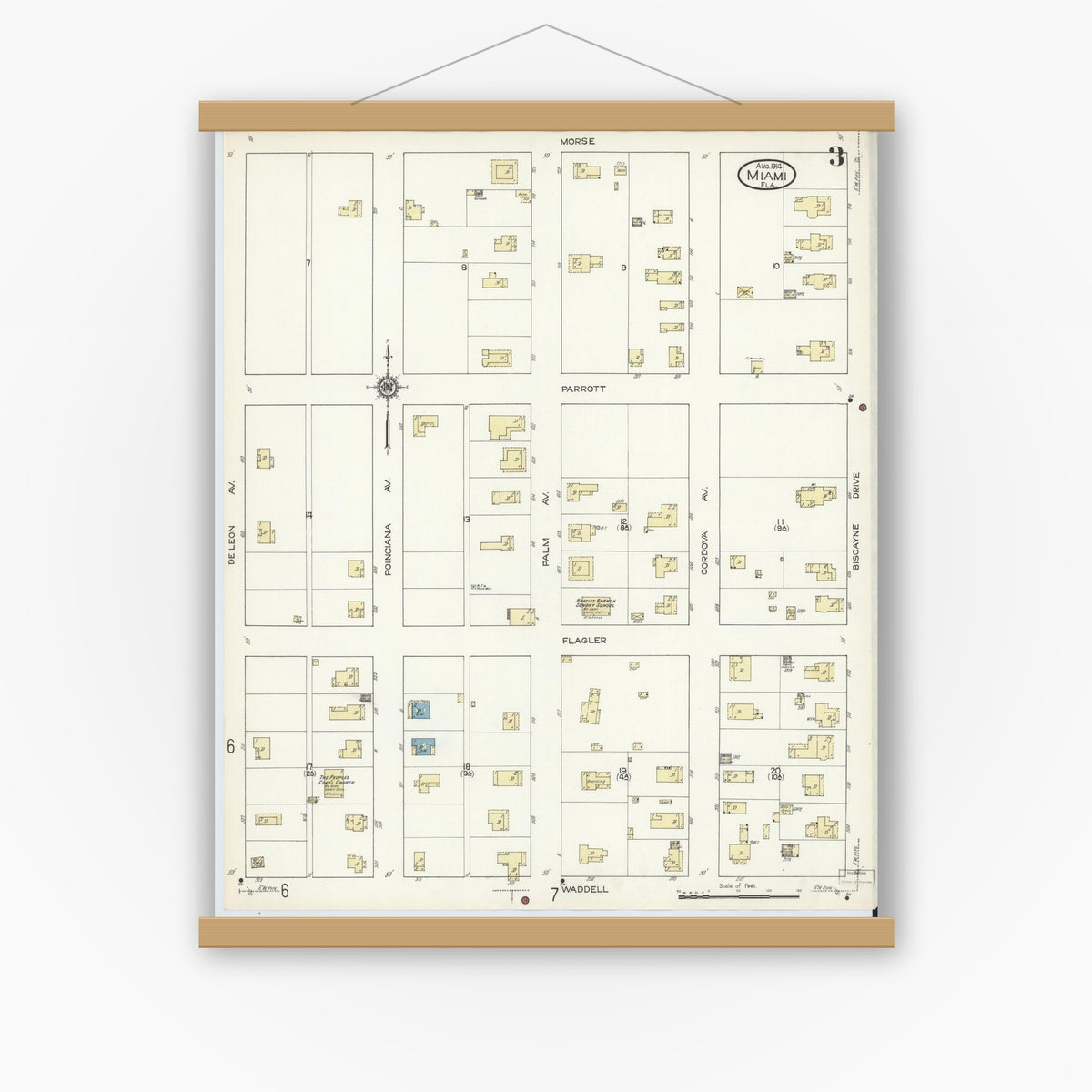 Old map wall art mockup — magnetic wood frame on white wall — Sanborn Fire Insurance Map from Miami, Dade County, Florida (1914), Sheet #0003