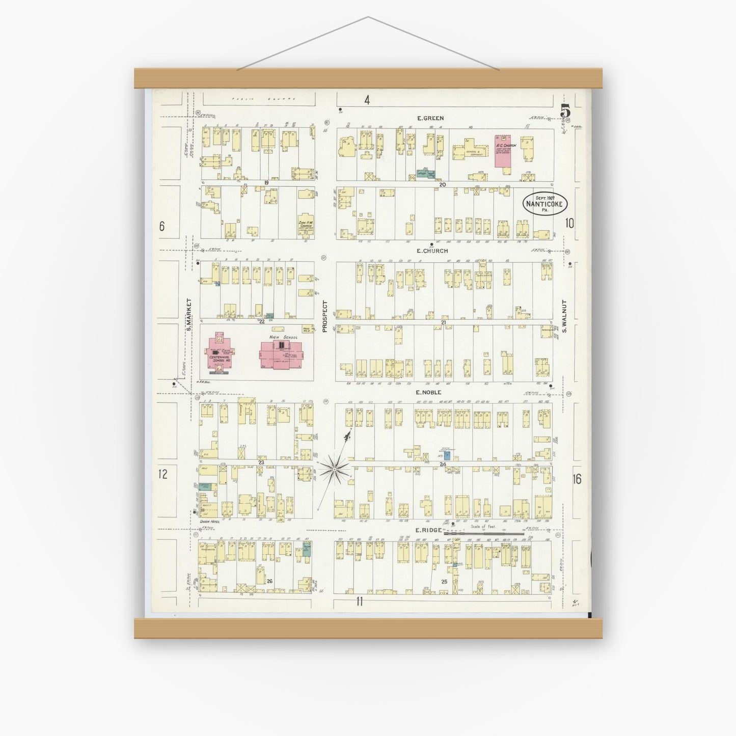 Old map wall art mockup — magnetic wood frame on white wall — Sanborn Fire Insurance Map from Nanticoke, Luzerne County, Pennsylvania (1907), Sheet #0005